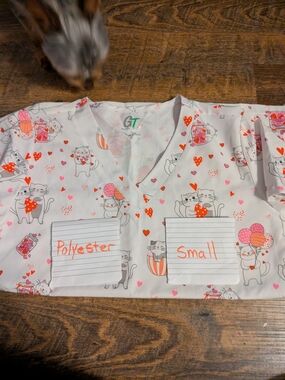 White Scrub Top with Pink Cat Print Size S